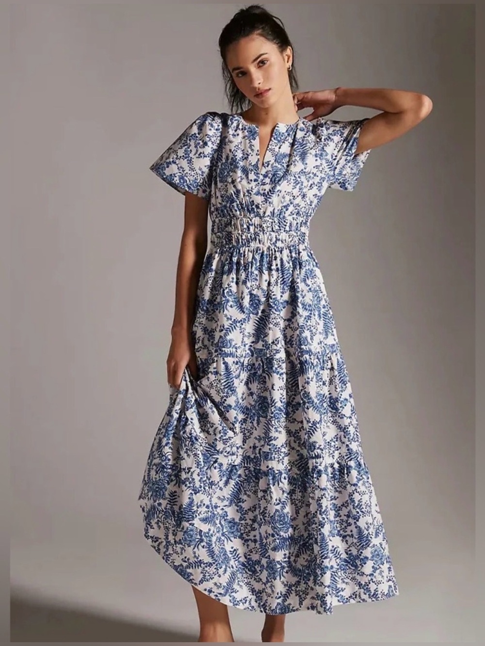 Anthropologie Somerset Maxi Dress Blue White Fern Toile Cotton Smocked Medium